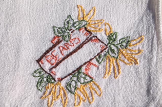 vintage cotton flour sack towels w/ embroidered garden vegetables, hand stitched embroidery