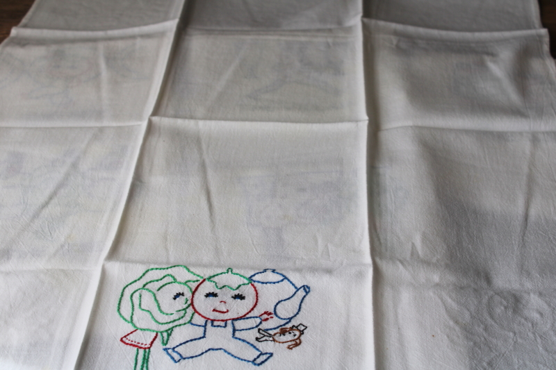 vintage cotton flour sack towels, set of six kitchen towels w/ anthropomorphic vegetables