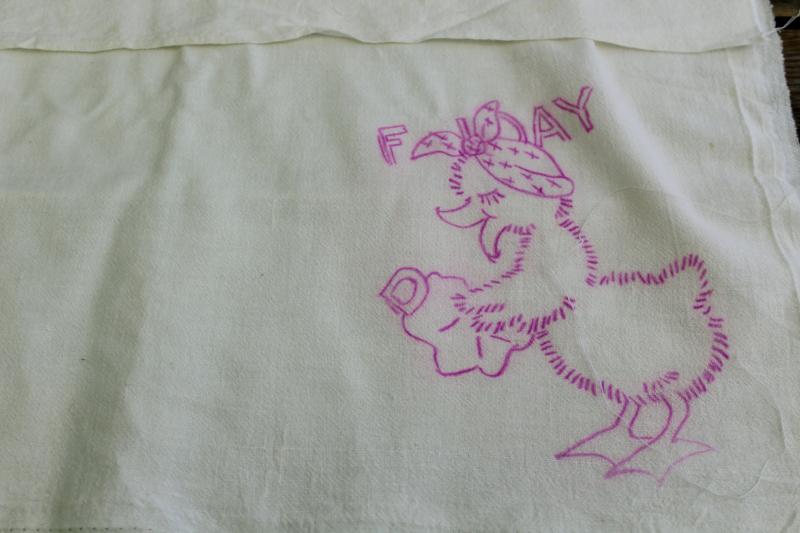 vintage cotton flour sack towels to embroider, Days of the Week ducks kitchen chores