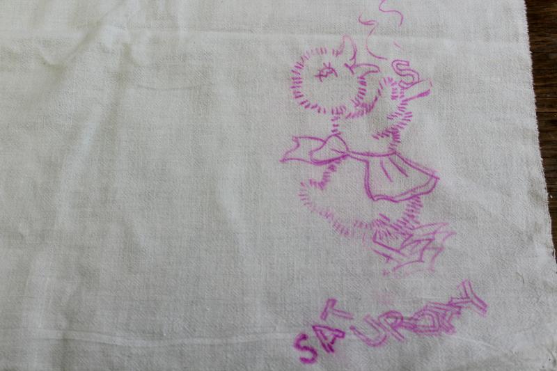 vintage cotton flour sack towels to embroider, Days of the Week ducks kitchen chores