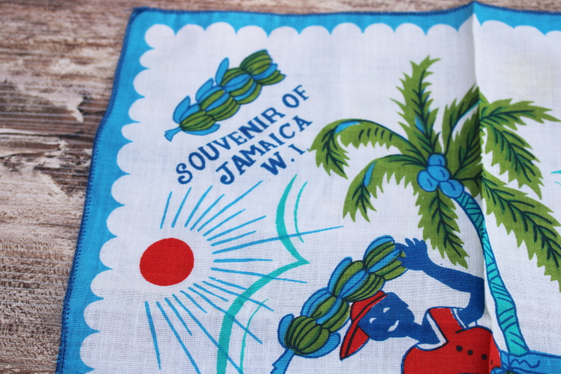 vintage cotton hanky souvenir of Jamaica Caribbean cruise, banana picking print folk art