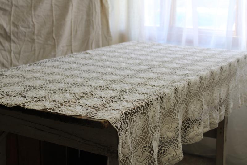 vintage cotton lace tablecloth, handmade crochet lace granny chic bohemian style