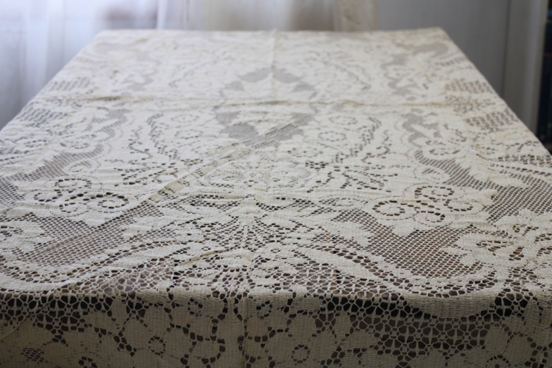 vintage cotton lace tablecloth in deep ivory or ecru color, Victorian style romantic decor