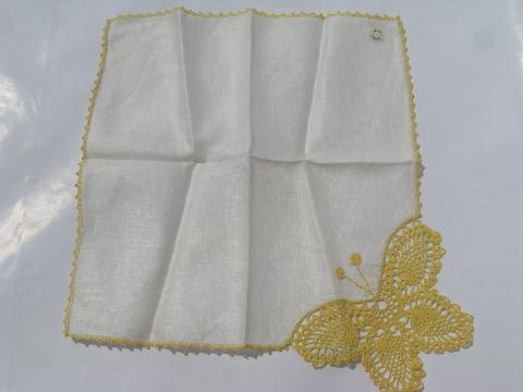 vintage cotton & linen hankies w/ crocheted lace butterflies & canary