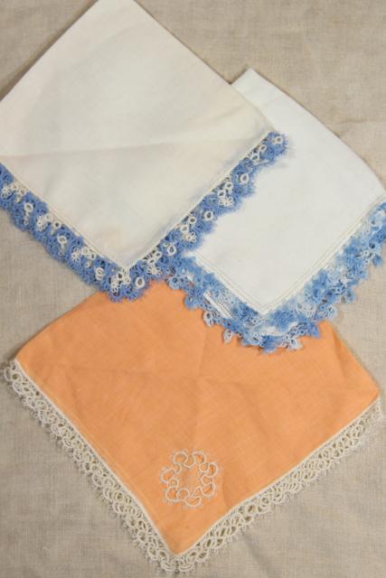 vintage cotton linen hankies, handkerchiefs w/ handmade lace tatting, tatted edging