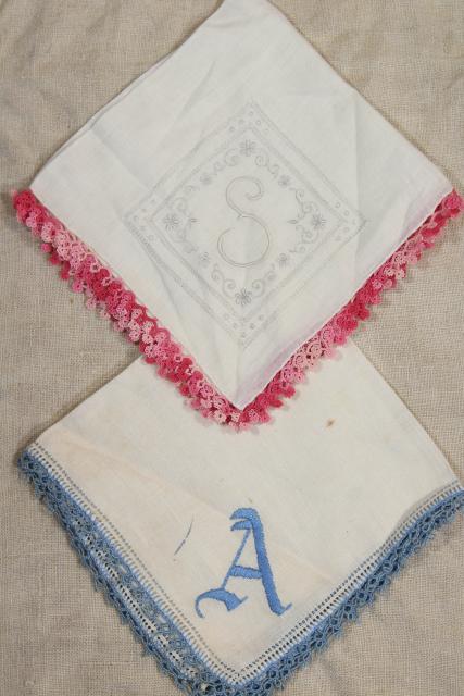 vintage cotton linen hankies, handkerchiefs w/ handmade lace tatting, tatted edging