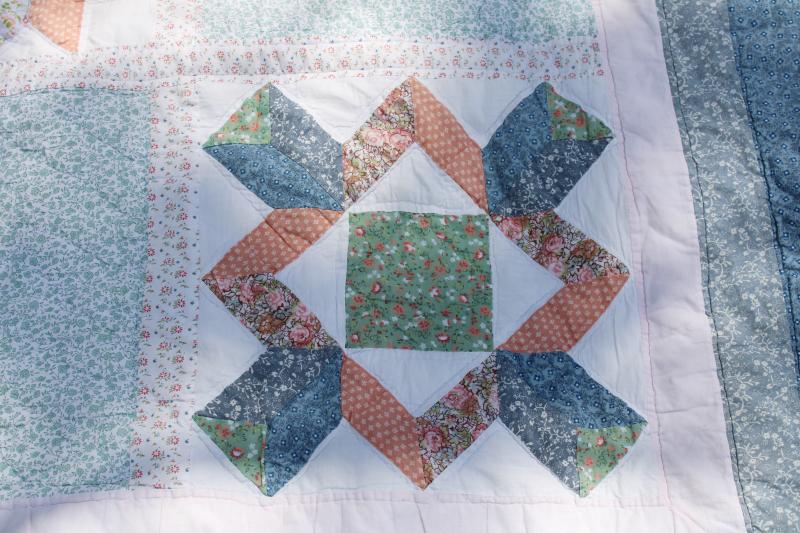 vintage cotton patchwork quilt, hand stitched soft blue, green, peach prints
