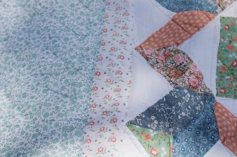 vintage cotton patchwork quilt, hand stitched soft blue, green, peach prints