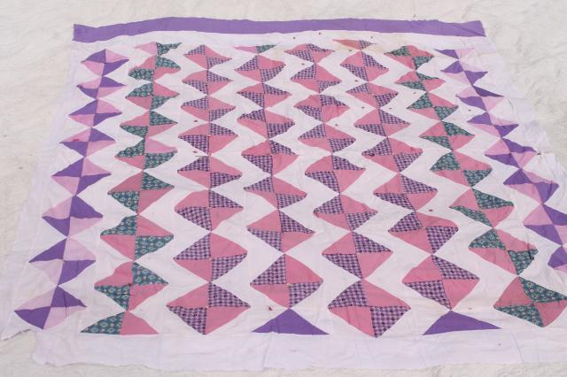 vintage cotton patchwork quilt top, shabby chic pink & lavender prints