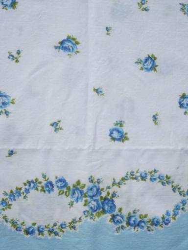 vintage cotton pillowcases, 1950s floral border print fabric, pink and blue