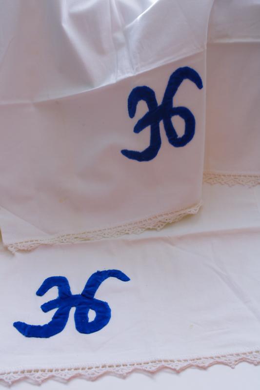 vintage cotton pillowcases w/ crochet lace edging, blue velvet H monogram