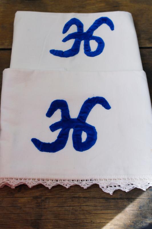 vintage cotton pillowcases w/ crochet lace edging, blue velvet H monogram