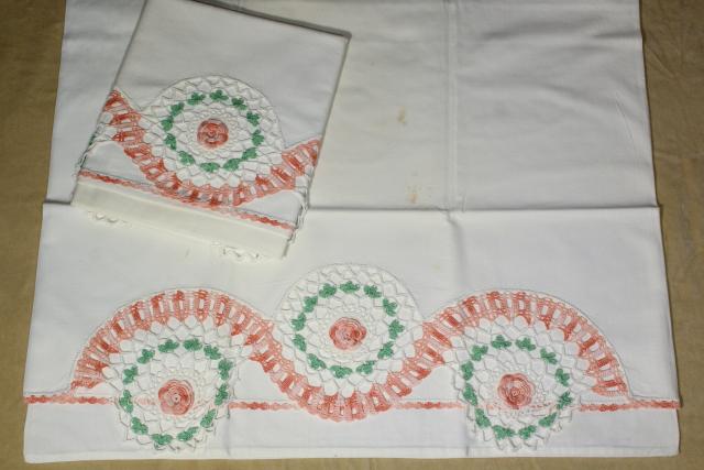 vintage cotton pillowcases w/ embroidery and crochet lace edgings, embroidered fancywork