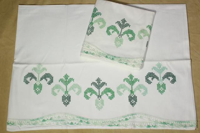 vintage cotton pillowcases w/ embroidery and crochet lace edgings, embroidered fancywork