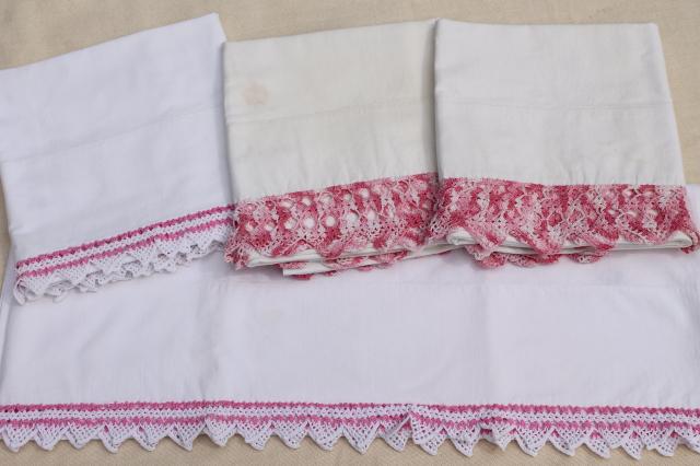 vintage cotton pillowcases w/ pink thread edgings, crochet & knitted lace borders