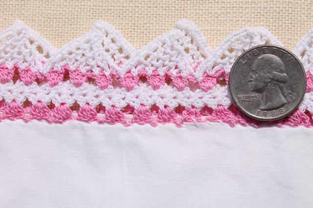 vintage cotton pillowcases w/ pink thread edgings, crochet & knitted lace borders