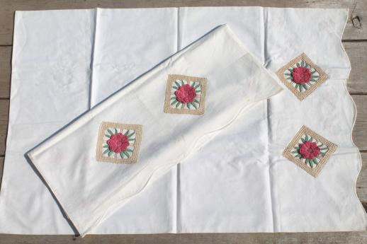 vintage cotton pillowcases w/ print borders & feed sack fabric trims, shabby cottage bedding lot