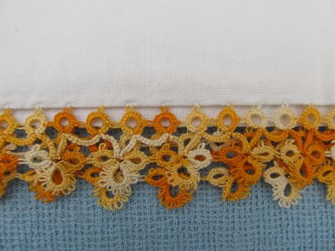 vintage cotton pillowcases w/ tatting, wide tatted lace in oranges