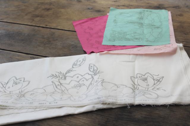 vintage cotton pillowcases to applique & embroider, stamped design & pieces printed fabric