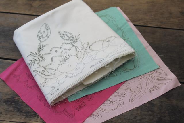 vintage cotton pillowcases to applique & embroider, stamped design & pieces printed fabric