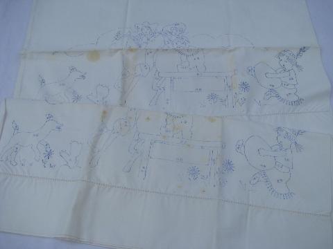vintage cotton pillowcases to embroider & applique, baby animals, Indians