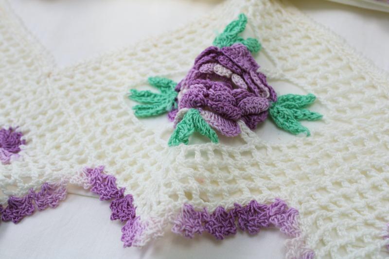 vintage cotton pillowcases w/ wide lace border, crochet edging w/ purple flowers
