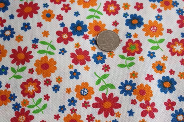 vintage cotton pique fabric, bright summer flowers print on white