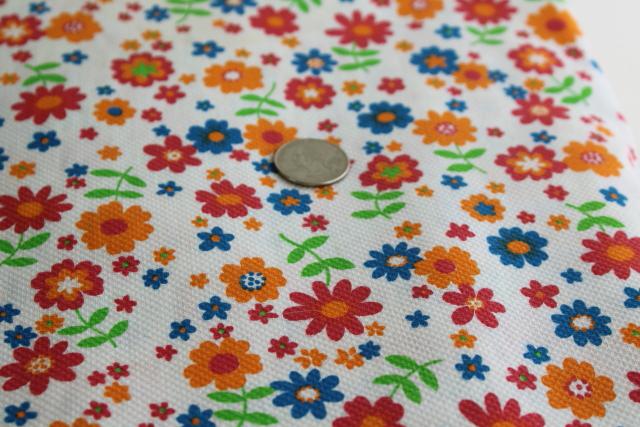 vintage cotton pique fabric, bright summer flowers print on white