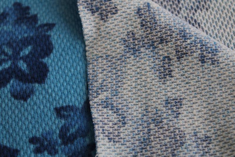vintage cotton pique knit fabric, tiki tropical flowers print in blues