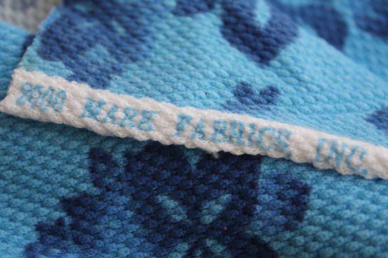 vintage cotton pique knit fabric, tiki tropical flowers print in blues