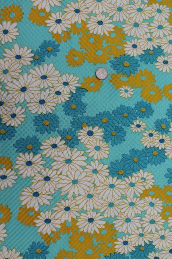 vintage cotton plisse crinkle texture fabric, white & yellow daisy print on aqua blue
