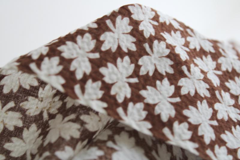 vintage cotton plisse fabric w/ leaf print, tiny leaves white on brown