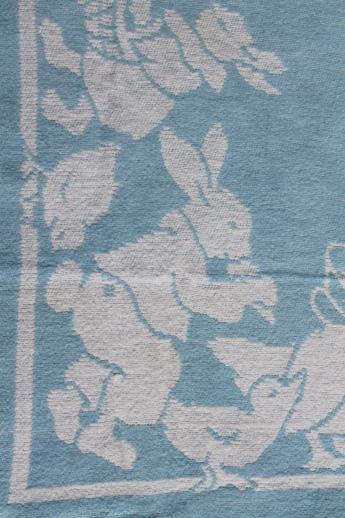 vintage cotton plush baby blanket, reversible bunnies & ducks in blue & white
