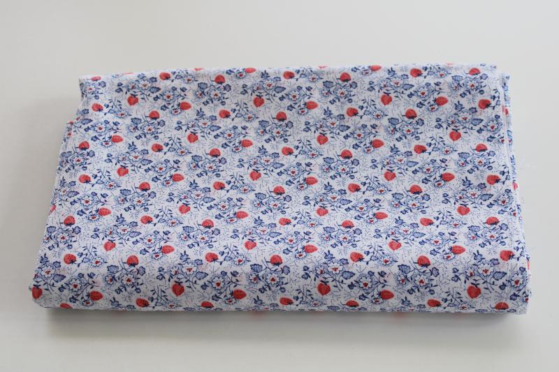 vintage cotton poly fabric, strawberry fields tiny print red & blue on white