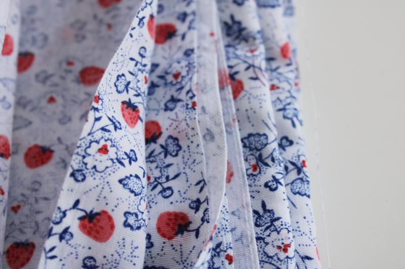 vintage cotton poly fabric, strawberry fields tiny print red & blue on white