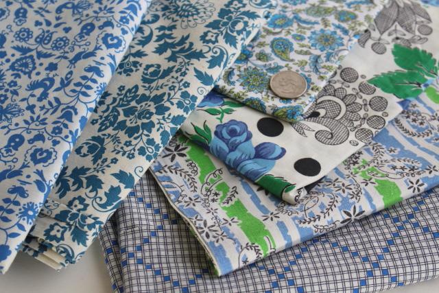 vintage cotton print fabric in blues, happy stack prints for projects or quilting