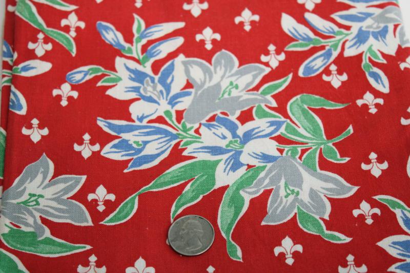 vintage cotton print feed sack fabric, french fleur de lis & lilies floral