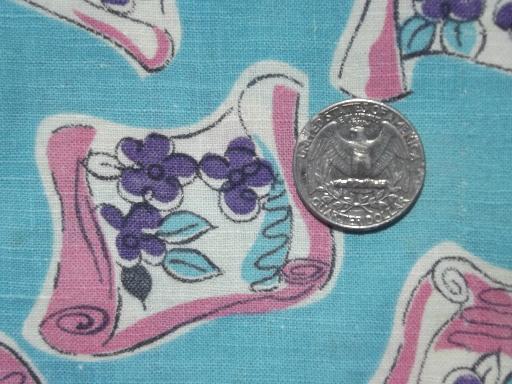 vintage cotton print feed sack fabric, scrolls of violets on turquoise