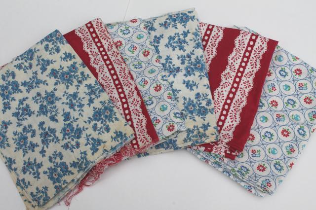 vintage cotton print feedsack fabric lot, red, white, blue farm feed sacks grain bags