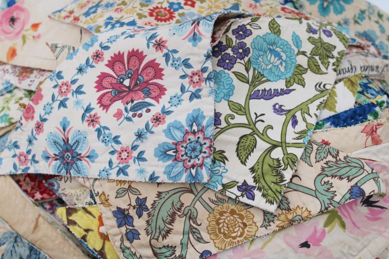 vintage cotton print patchwork quilt block pieces, hand stitched triangles double-sided