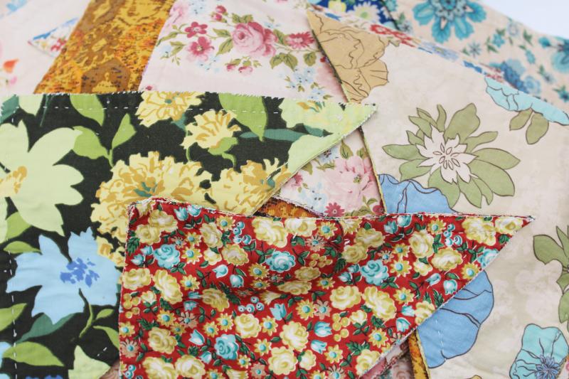 vintage cotton print patchwork quilt block pieces, hand stitched triangles double-sided