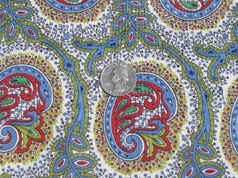 vintage cotton print quilting weight fabric, paisley in blue, green, red