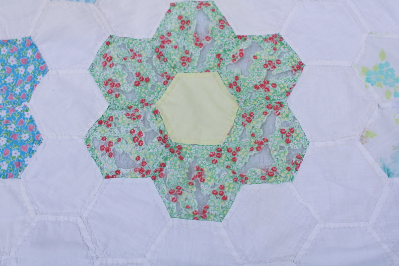 vintage cotton prints Grandmothers flower garden hexies shabby quilt for upcycle fabric