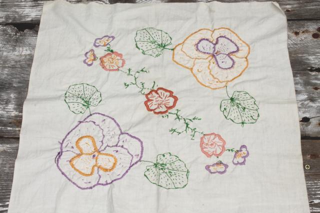 vintage cotton quilt blocks, applique embroidered pansy flowers in lavender & yellow