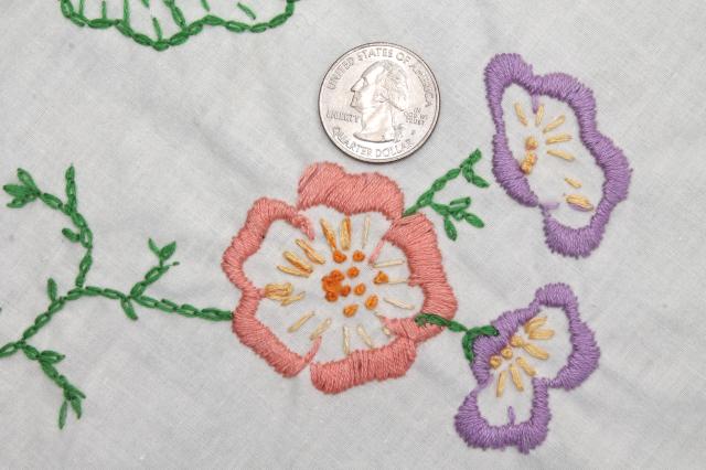 vintage cotton quilt blocks, applique embroidered pansy flowers in lavender & yellow