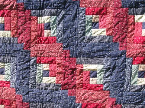 vintage cotton quilt comforter, log cabin patchwork in red and navy blue