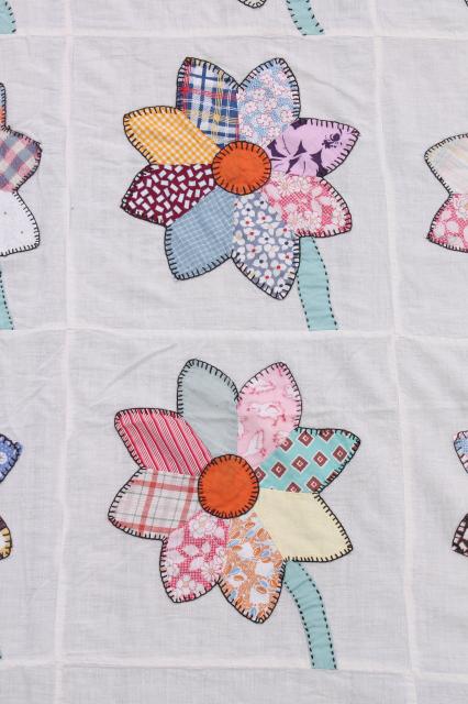 vintage cotton quilt top, applique flowers w/ embroidery stitching, bohemian print sunflowers
