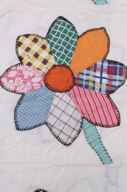 vintage cotton quilt top, applique flowers w/ embroidery stitching, bohemian print sunflowers