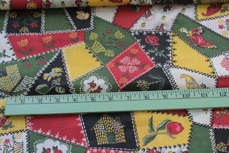 vintage cotton quilting fabric, crazy quilt embroidery stitching patchwork print 