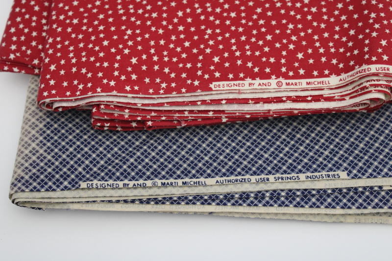 vintage cotton quilting fabric lot, primitive patriotic barn red w/ stars, navy blue checks